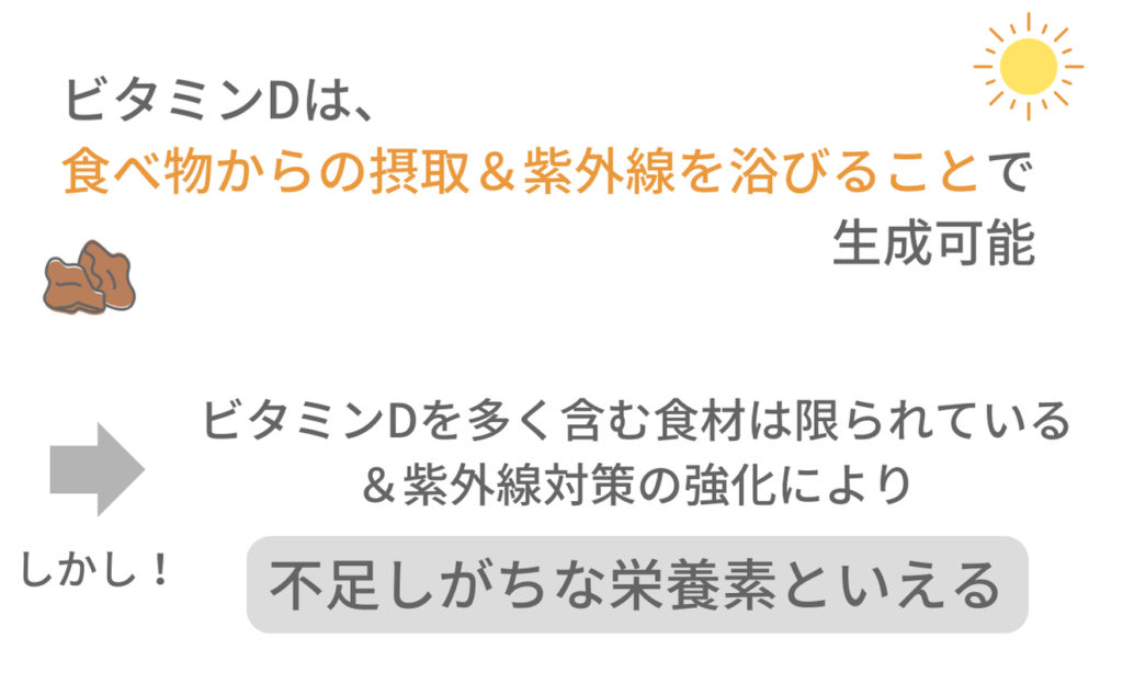 ビタミンDは食べ物からの摂取と紫外線を浴びることで生成可能